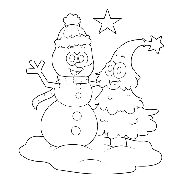 Snögubben och julgranen | Online målarbilder för barn