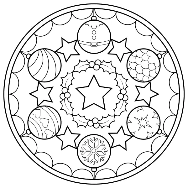 Mandala med julgranskulor | Online målarbilder för barn