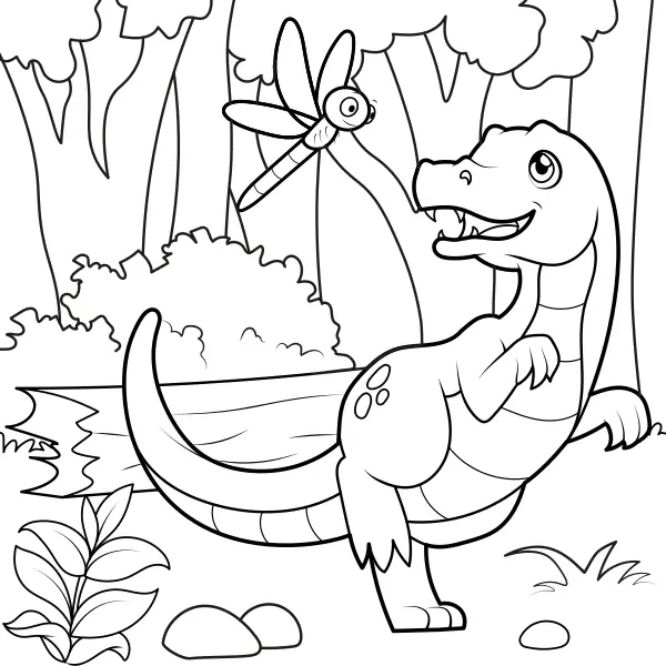 Dinosaurien jagar en slända | Online målarbilder för barn