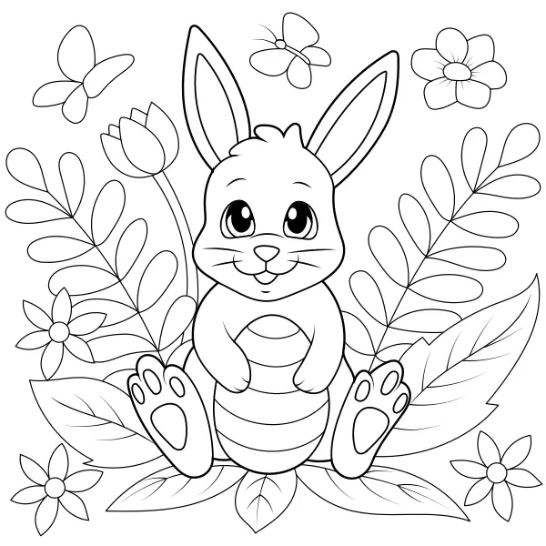 Påskharen, ägget och blommorna | Online målarbilder för barn