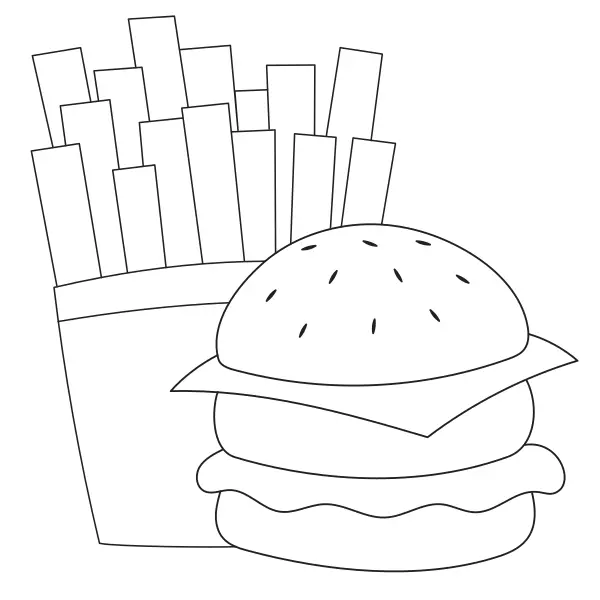 Hamburgare med pommes frites | Online målarbilder för barn