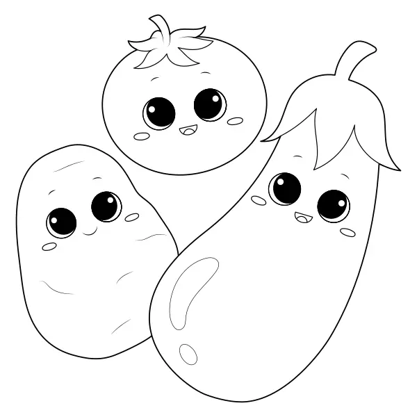 Aubergine, tomat och potatis | Online målarbilder för barn